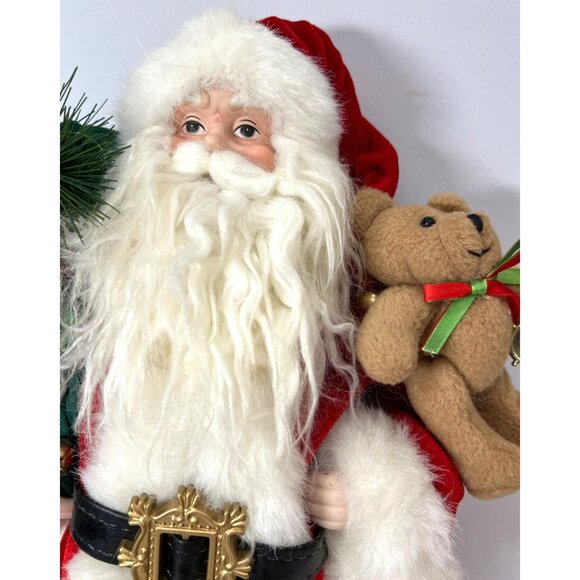 Vintage Porclain Santa Claus Figurine With Teddy Bear & Greenery - Picture 2 of 6